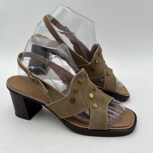 Reigning Beauty 90s Y2K Womens 7.5 Tan Suede Stud Chunky Block Heel Sandals Boho